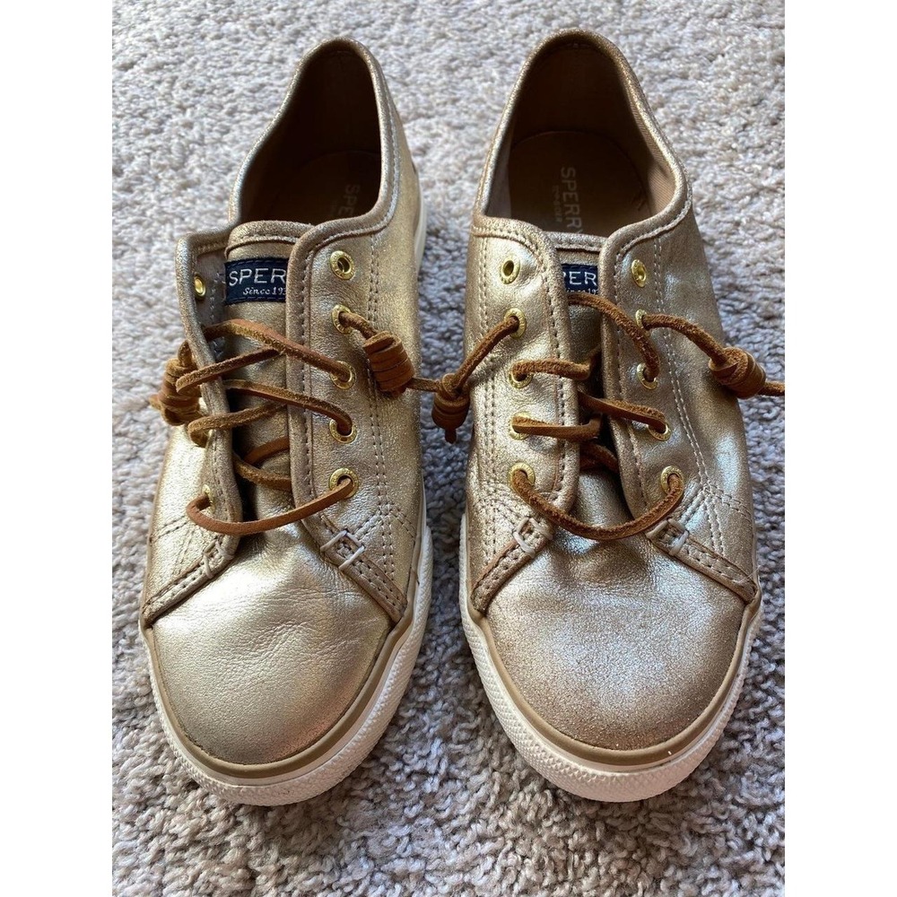 Sperry Sneaker 9 Top Sider Women Shinny Gold Leather Slip-on Shoes Prep Boat s3